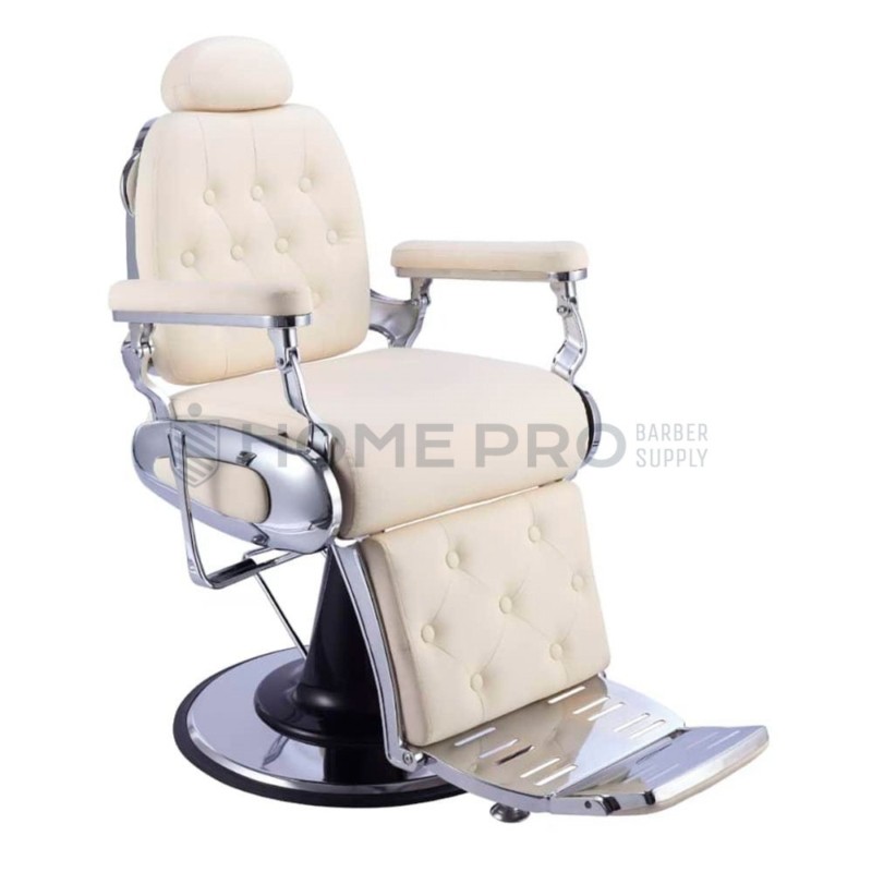 CADEIRA DE BARBEIRO LM PRO: ELEGÂNCIA CLÁSSICA EM TONS CREME E CROMADO